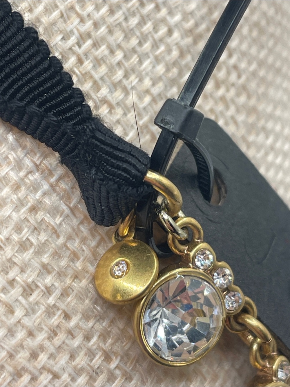 J. Crew Brass Gold Plated Necklace With Crystals and Black Ribbon Tie. Signed - Picture 5 of 7